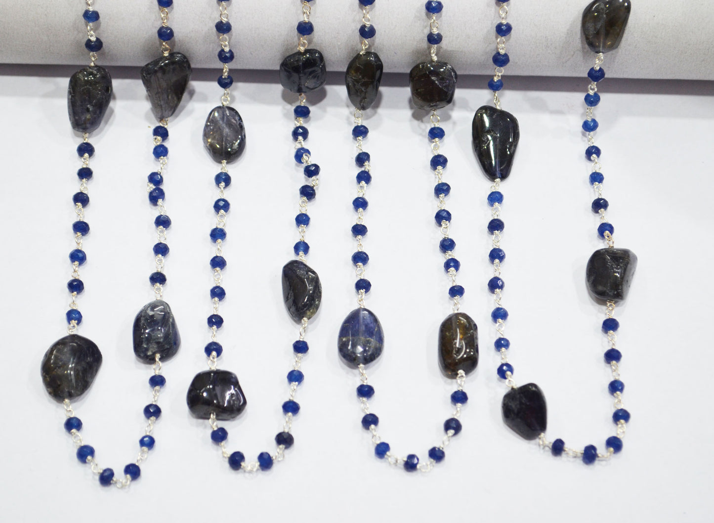 Sapphire Jade Faceted Rondelle Shape Rosary Beaded Chain , Iolite Smooth Nuggets Wire Wrapped Chain , 4 mm , RB-6102
