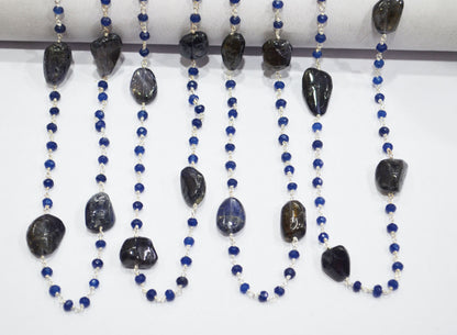 Sapphire Jade Faceted Rondelle Shape Rosary Beaded Chain , Iolite Smooth Nuggets Wire Wrapped Chain , 4 mm , RB-6102
