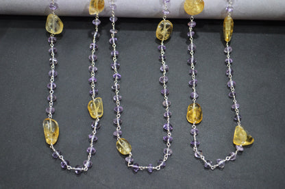 Pink Amethyst Smooth Button Shape Rosary Beaded Chain , Citrine Nuggets Shape Wire Wrapped Chain , 5 - 6 mm , RB-6104