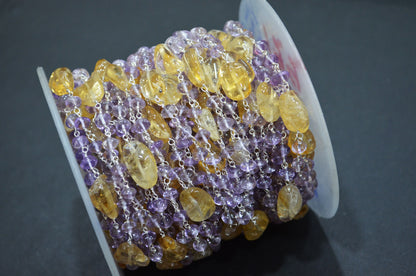 Pink Amethyst Smooth Button Shape Rosary Beaded Chain , Citrine Nuggets Shape Wire Wrapped Chain , 5 - 6 mm , RB-6104