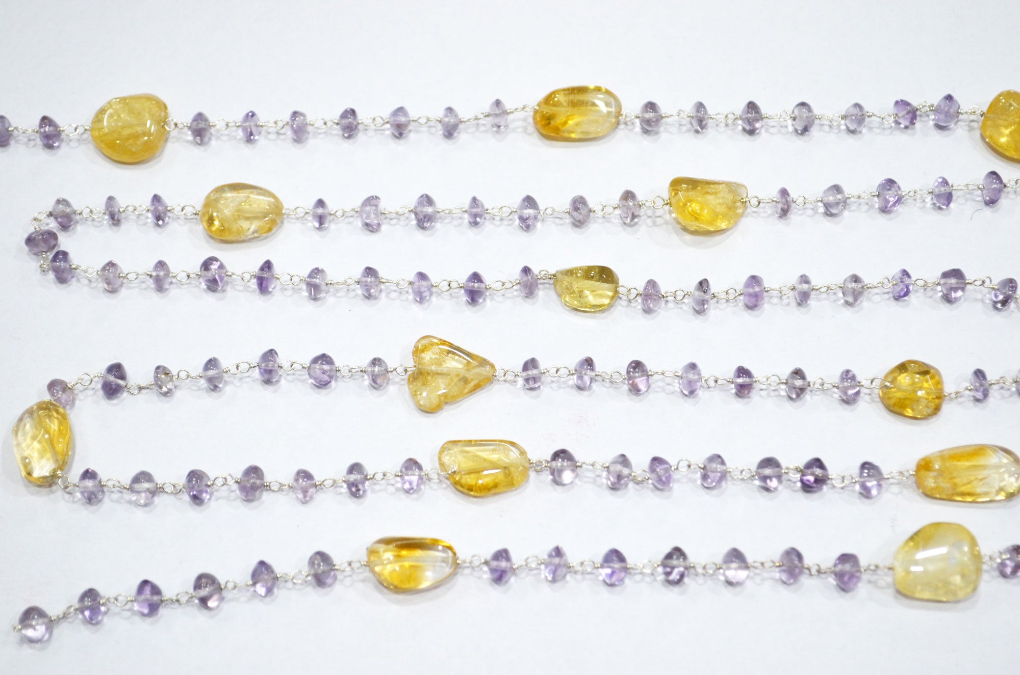 Pink Amethyst Smooth Button Shape Rosary Beaded Chain , Citrine Nuggets Shape Wire Wrapped Chain , 5 - 6 mm , RB-6104