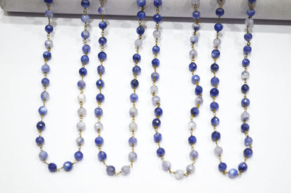 Sapphire Colored Moonstone Faceted Round Shape Rosary Beaded Chain , 4 - 4.50 mm , RB-6105