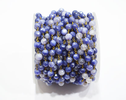Sapphire Colored Moonstone Faceted Round Shape Rosary Beaded Chain , 4 - 4.50 mm , RB-6105