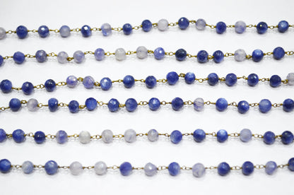 Sapphire Colored Moonstone Faceted Round Shape Rosary Beaded Chain , 4 - 4.50 mm , RB-6105
