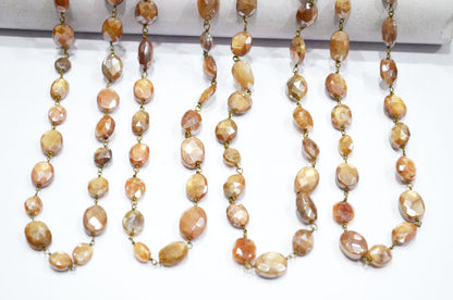 Mystic Caramel Moonstone Faceted Oval Rosary Beaded Chain , 8 - 14 mm , RB-6108