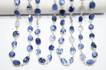 Sapphire Color Moonstone Faceted Slice Shape Connector Chain , 10 - 13 mm , RB-6124