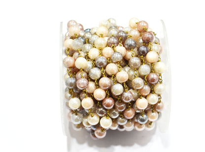 Mystic Multi Moonstone Smooth Round Shape Rosary Chain , 6.50 - 7 mm , RB-6125