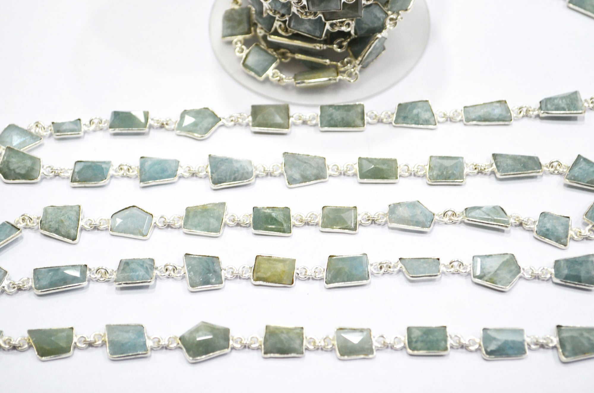 Milky Aquamarine Fancy Cut Shape Connector Chain , 9 - 15 mm , RB-6126