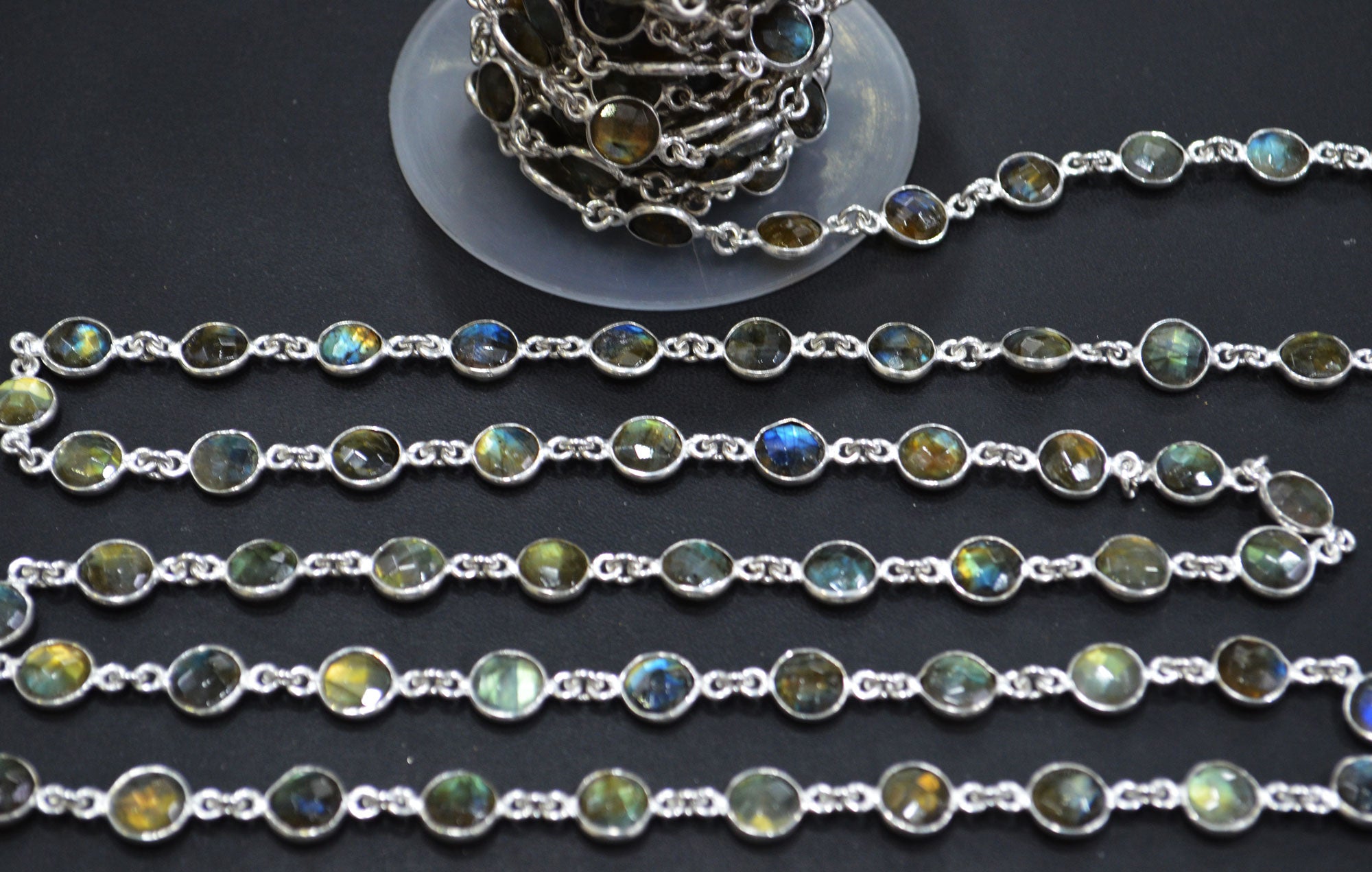 Labradorite Faceted Coin Shape Connector Chain , 8 mm , RB-6284