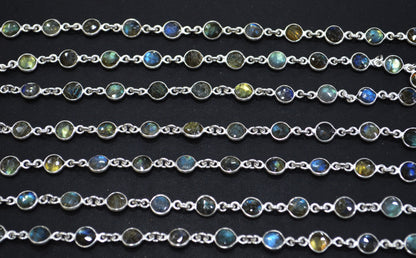 Labradorite Faceted Coin Shape Connector Chain , 6 mm , RB-6285