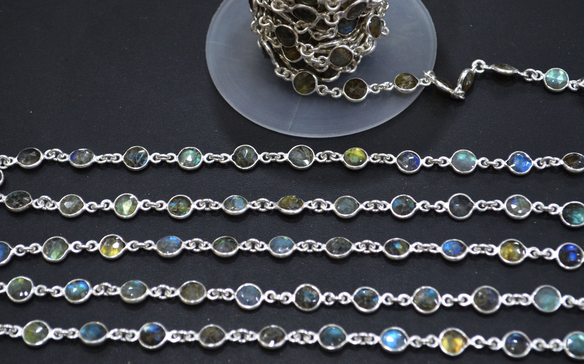 Labradorite Faceted Coin Shape Connector Chain , 6 mm , RB-6285