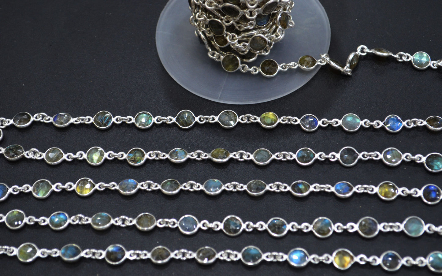 Labradorite Faceted Coin Shape Connector Chain , 6 mm , RB-6285