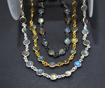Labradorite Faceted Coin Shape Connector Chain , 6 mm , RB-6285