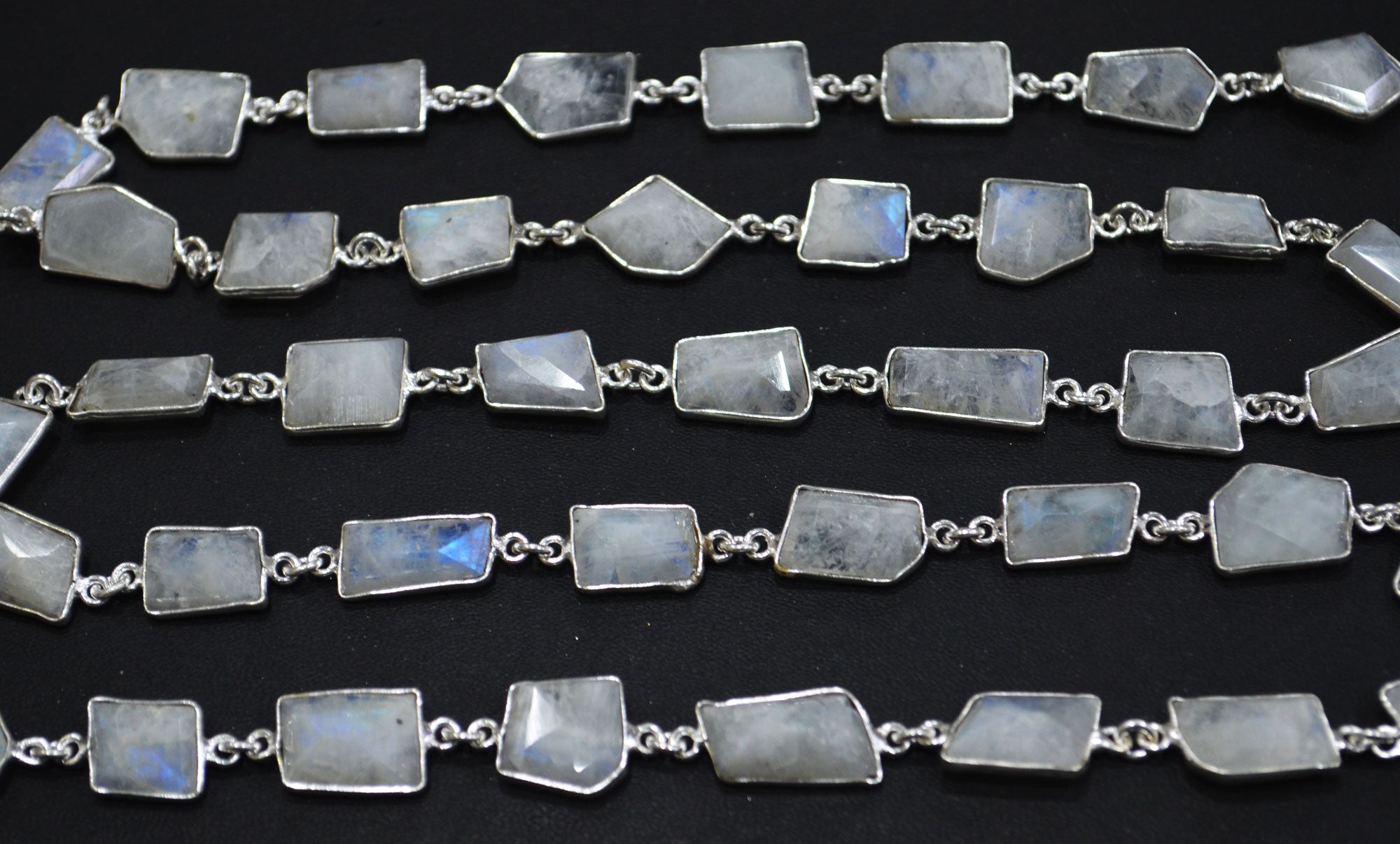 Rainbow Moonstone Silverite Fancy Cut Connector Chain , 10 - 17 mm , RB-6289