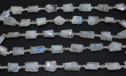 Rainbow Moonstone Silverite Fancy Cut Connector Chain , 10 - 17 mm , RB-6289