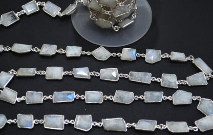 Rainbow Moonstone Silverite Fancy Cut Connector Chain , 10 - 17 mm , RB-6289