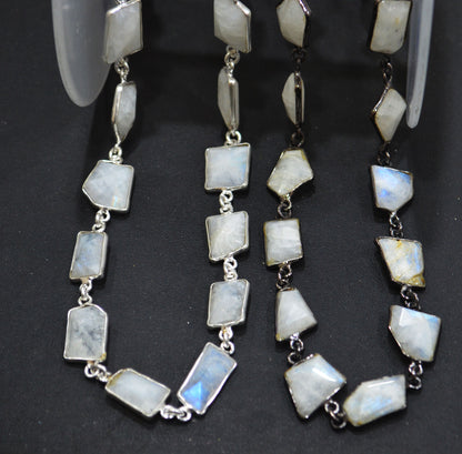 Rainbow Moonstone Silverite Fancy Cut Connector Chain , 10 - 17 mm , RB-6289