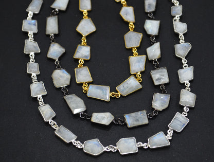 Rainbow Moonstone Silverite Fancy Cut Connector Chain ,  8 - 14 mm , RB-6290