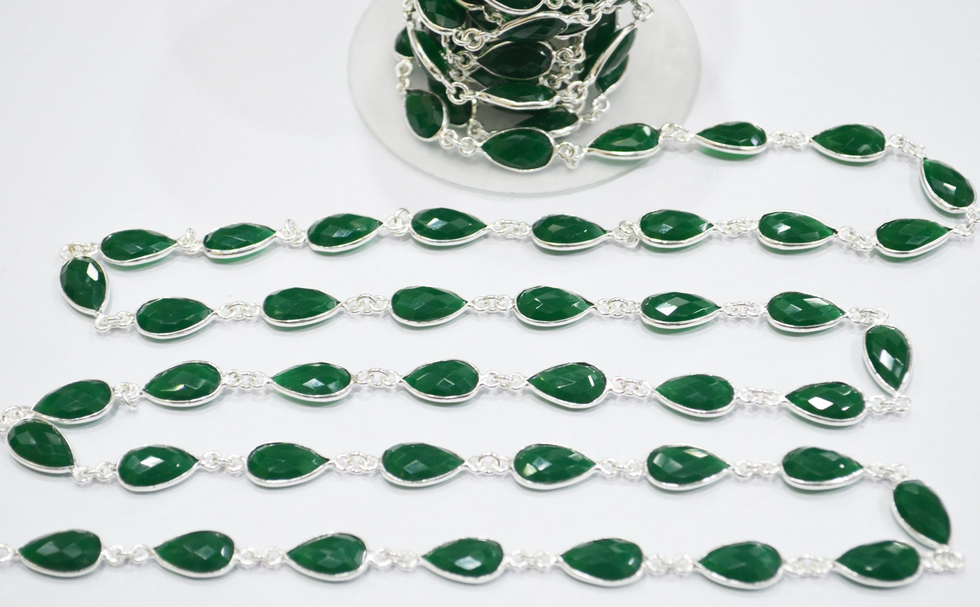 Green Onyx Faceted Pear Shape Connector Chain , 8x12 mm , RB-6295