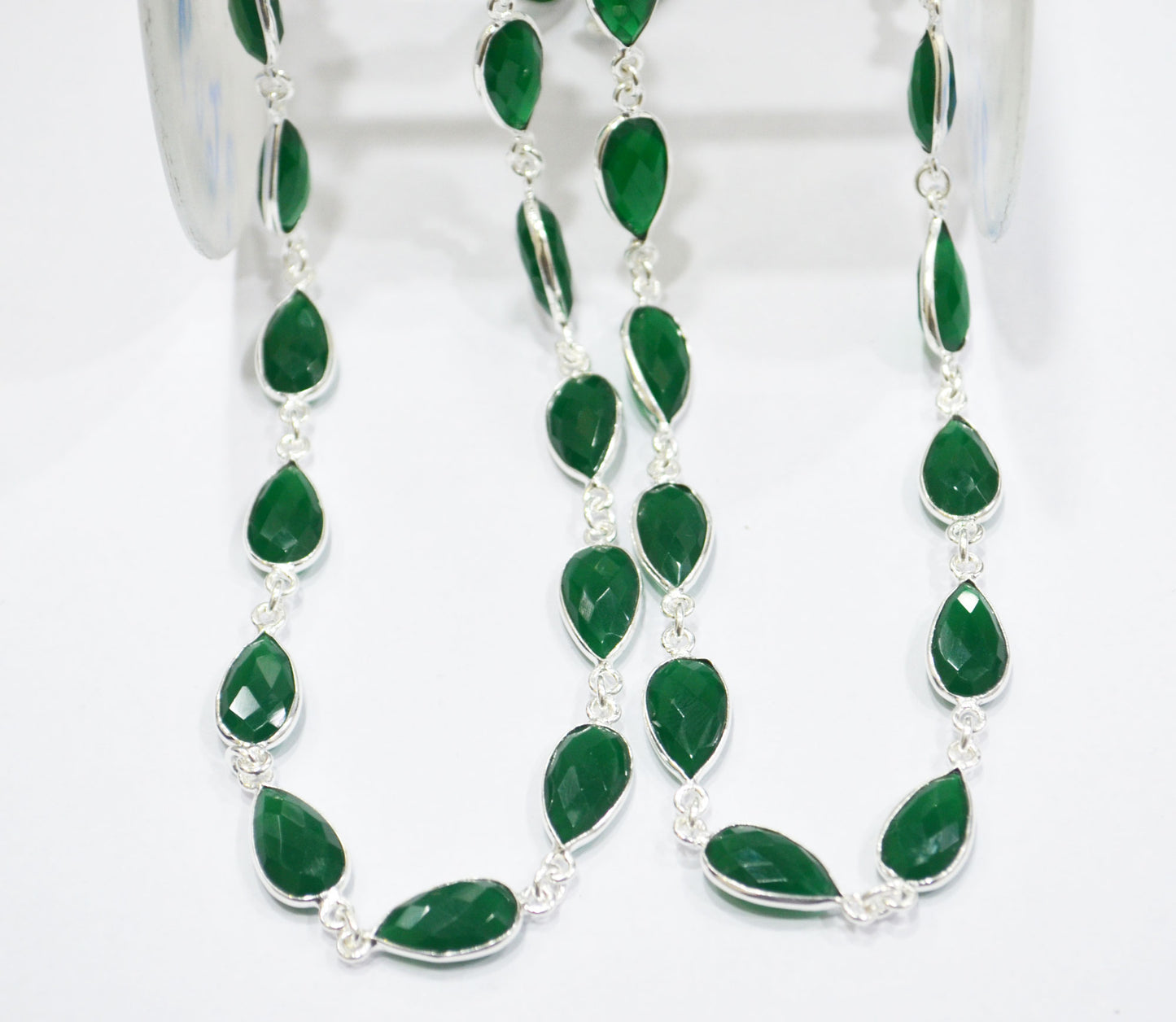 Green Onyx Faceted Pear Shape Connector Chain , 8x12 mm , RB-6295