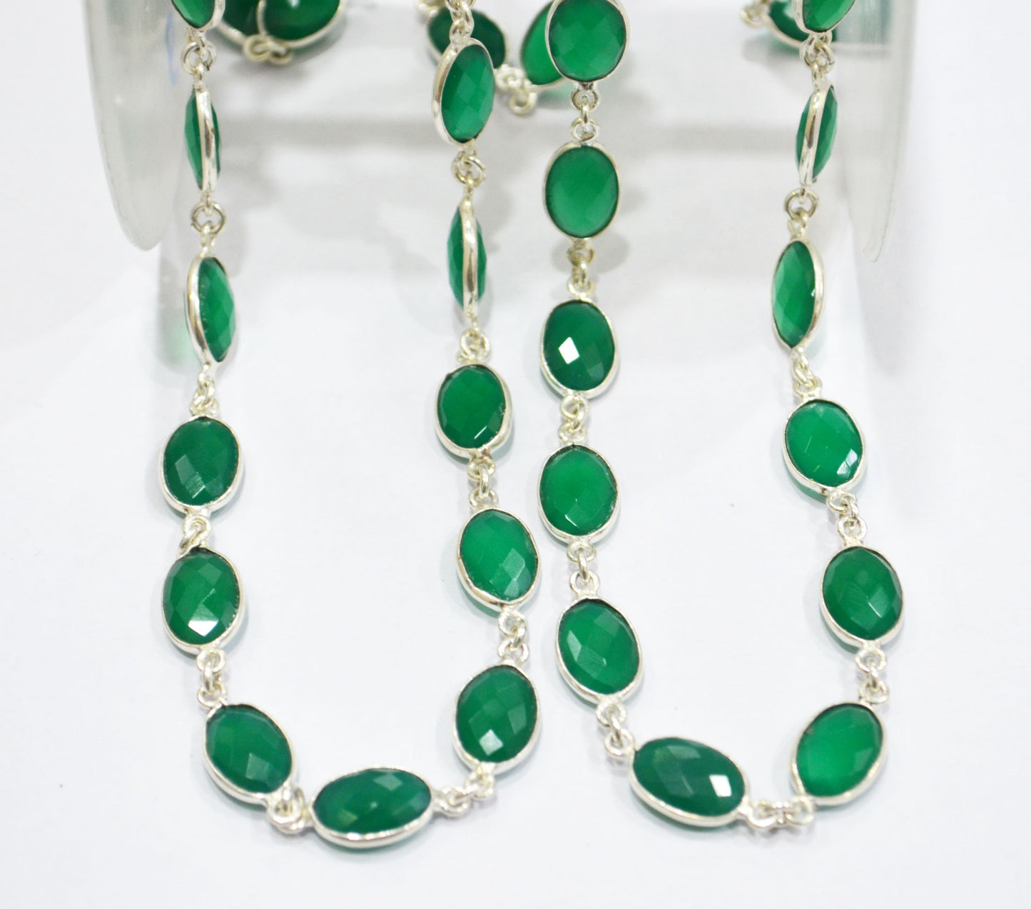 Green Onyx Faceted Oval Shape Connector Chain , 8x12 mm , RB-6296