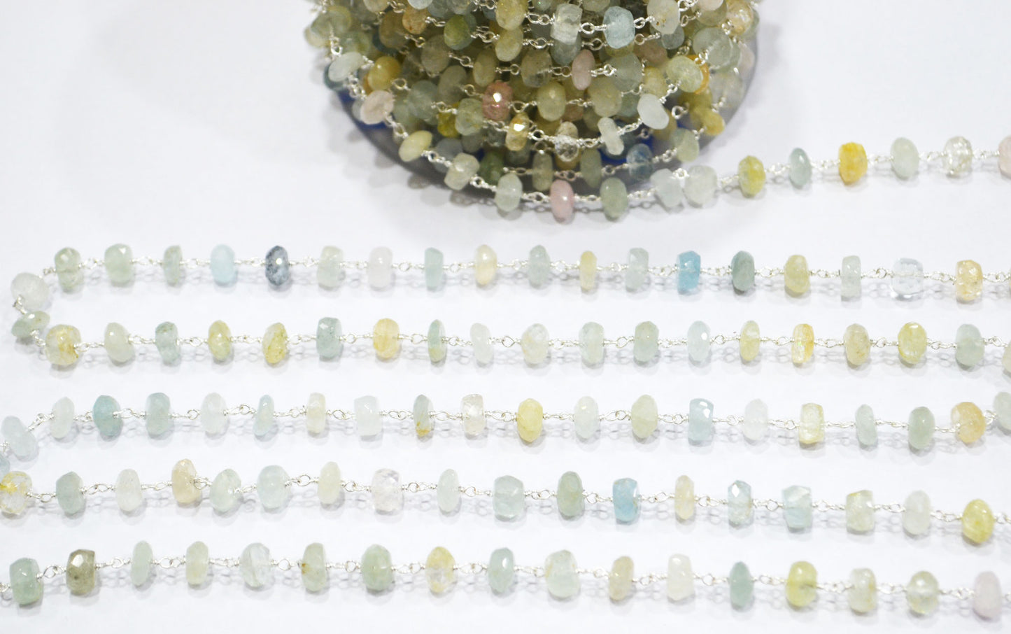 Multi Aquamarine Faceted Rondelle Shape Rosary Beaded Chain , Sold By Foot , 7.50 - 8 mm , RB-6303