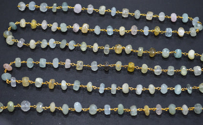 Multi Aquamarine Faceted Rondelle Shape Rosary Beaded Chain , Sold By Foot , 7.50 - 8 mm , RB-6303
