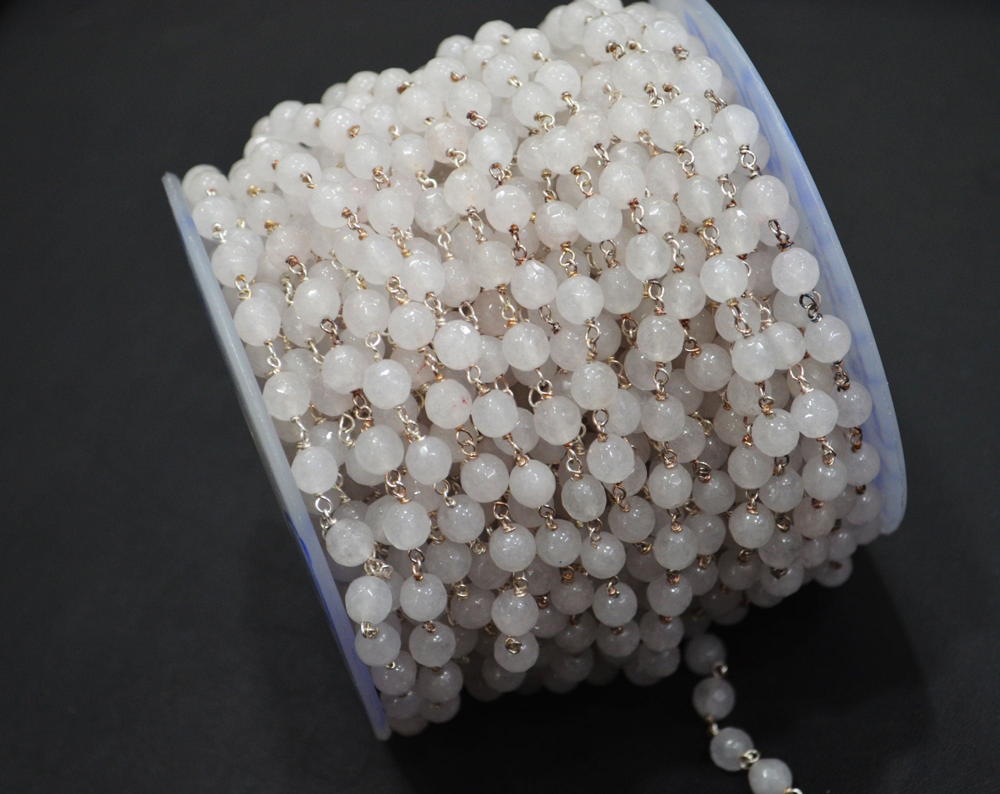 Snow Rose Jade Faceted Round Shape Rosary Beaded Chain , 6 - 6.50 mm , RB-6305