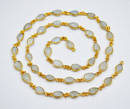 Rainbow Moonstone Hand Carved Leaf Shape Connector Chain , 7x9 mm , RB-6328