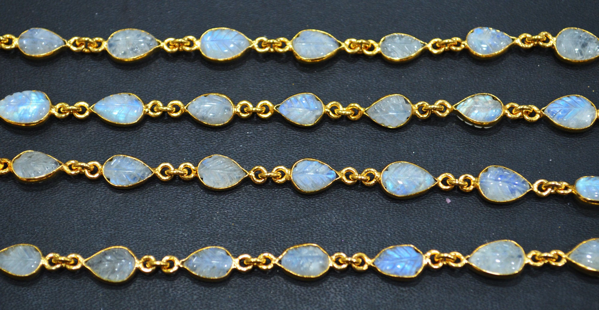 Rainbow Moonstone Hand Carved Leaf Shape Connector Chain , 7x9 mm , RB-6328