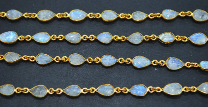 Rainbow Moonstone Hand Carved Leaf Shape Connector Chain , 7x9 mm , RB-6328