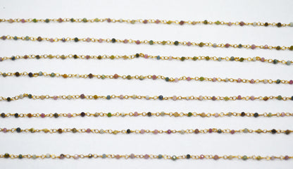Multi Tourmaline Faceted Round Shape Rosary Beaded Chain , Sold By Foot , 2 mm , RB-6336