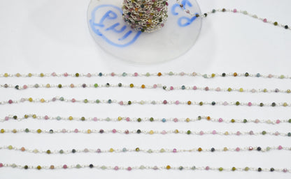 Multi Tourmaline Faceted Round Shape Rosary Beaded Chain , Sold By Foot , 2 mm , RB-6336
