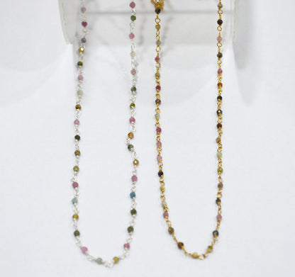 Multi Tourmaline Faceted Round Shape Rosary Beaded Chain , Sold By Foot , 2 mm , RB-6336