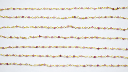 Pink Tourmaline Faceted Round Shape Rosary Beaded Chain , Sold By Foot , 2 mm , RB-6337