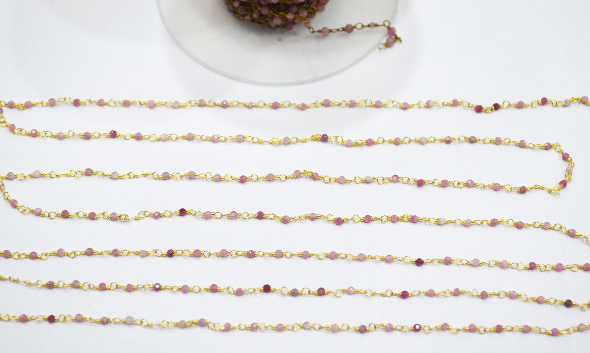 Pink Tourmaline Faceted Round Shape Rosary Beaded Chain , Sold By Foot , 2 mm , RB-6337