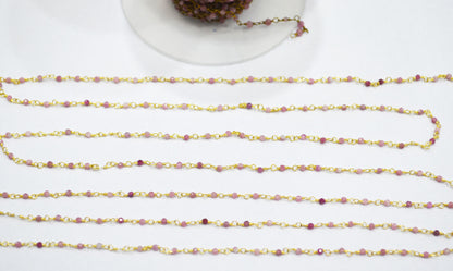 Pink Tourmaline Faceted Round Shape Rosary Beaded Chain , Sold By Foot , 2 mm , RB-6337