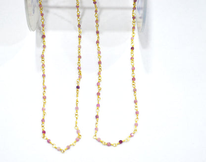 Pink Tourmaline Faceted Round Shape Rosary Beaded Chain , Sold By Foot , 2 mm , RB-6337