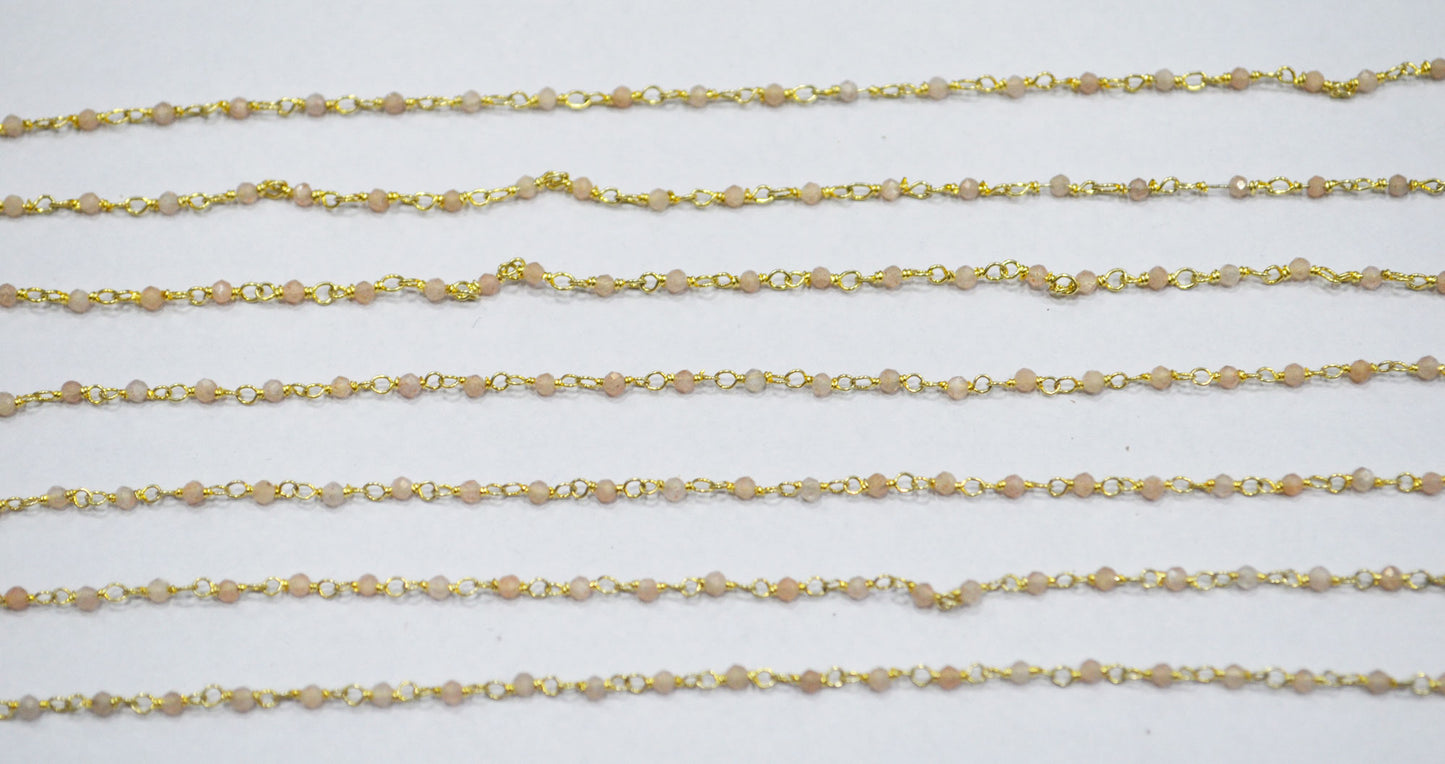 Peach Moonstone Faceted Round Shape Rosary Beaded Chain , Sold By Foot , 2 mm , RB-6338