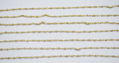 Peach Moonstone Faceted Round Shape Rosary Beaded Chain , Sold By Foot , 2 mm , RB-6338