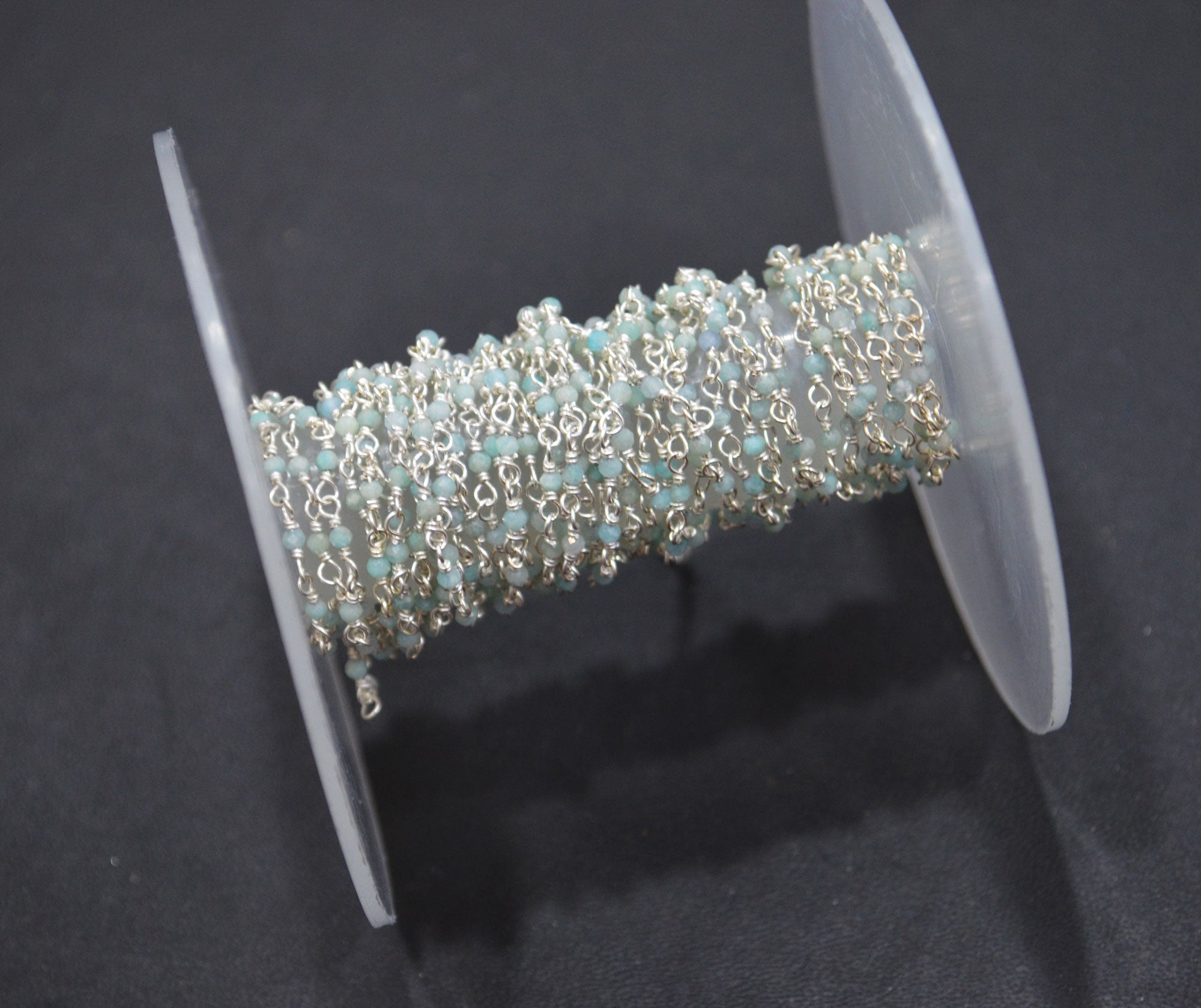 Amazonite Faceted Round Shape Rosary Beaded Chain , Sold By Foot , 2 mm , RB-6339
