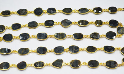 Black Iron Tiger Eye Slice Shape Connector Chain , 11 - 14 mm , RB-6340