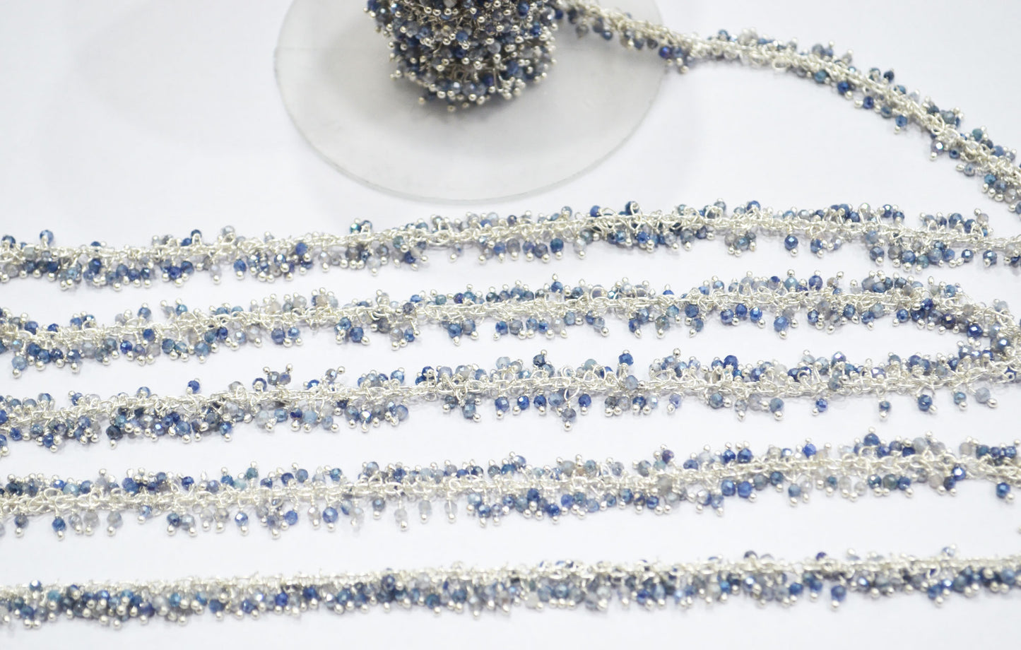 Silverite Grey Moonstone Faceted Round Shape Grape Chain , Silverite Grey Moonstone Angoori Cluster Wire Wrapped Chain , 2 mm , RB-6347