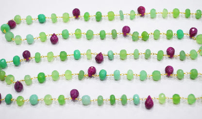 Chrysoprase Chalcedony Rondelle Shape Rosary Beaded Chain , Ruby Faceted Tear Drops Wire Wrapped Chain , 6 - 7 mm , RB-6354
