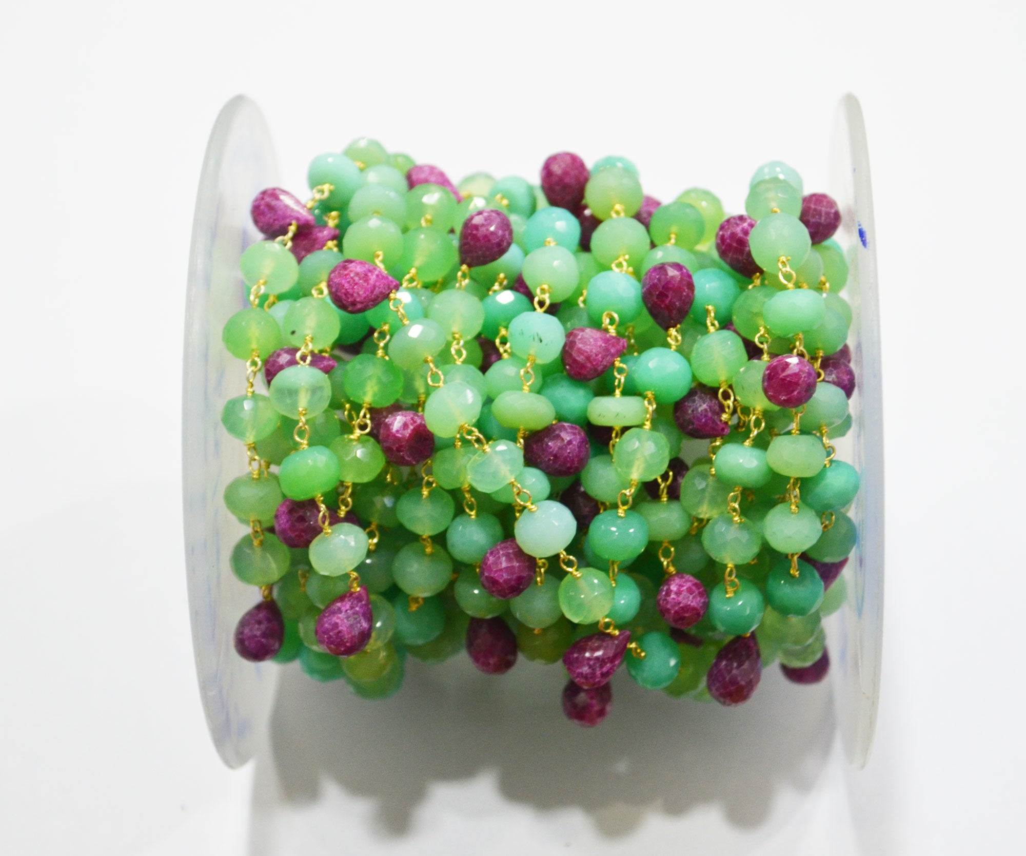 Chrysoprase Chalcedony Rondelle Shape Rosary Beaded Chain , Ruby Faceted Tear Drops Wire Wrapped Chain , 6 - 7 mm , RB-6354
