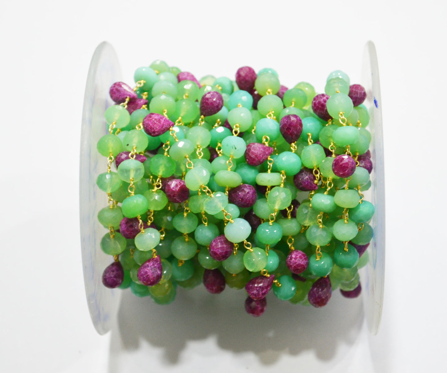 Chrysoprase Chalcedony Rondelle Shape Rosary Beaded Chain , Ruby Faceted Tear Drops Wire Wrapped Chain , 6 - 7 mm , RB-6354