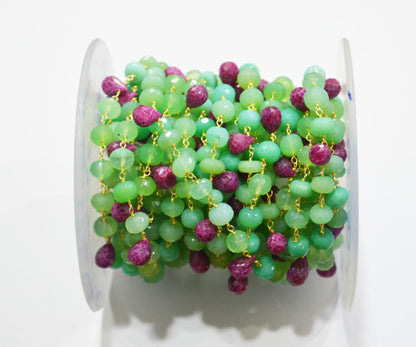 Chrysoprase Chalcedony Rondelle Shape Rosary Beaded Chain , Ruby Faceted Tear Drops Wire Wrapped Chain , 6 - 7 mm , RB-6354