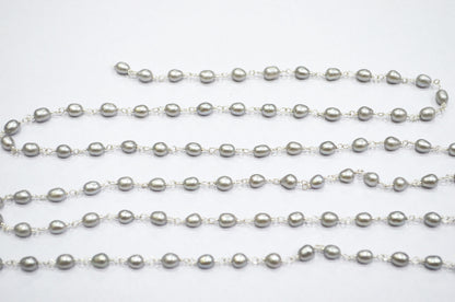Natural Grey Rice Pearl Smooth Nuggets Shape Rosary Beaded Chain , 4x5 mm , RB-6359