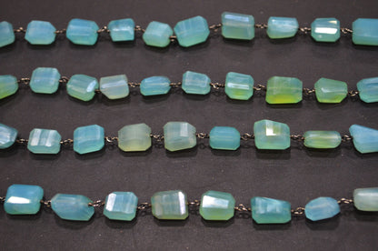 Mystic Aqua Chalcedony Laser Cut Nuggets Shape Rosary Beaded Chain , 7 - 12 mm , RB-6362