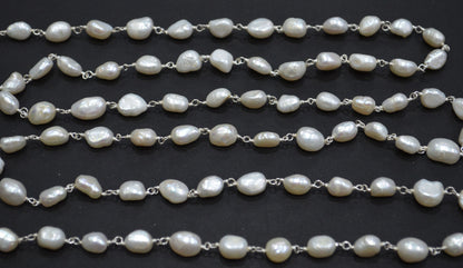 Natural Organic Easter Pearl Smooth Nuggets Shape Rosary Beaded Chain , 8 - 10 mm , RB-6363
